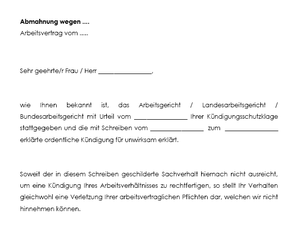 Abmahnung Nach Klagestattgebendem Urteil Vorlage Zum Download