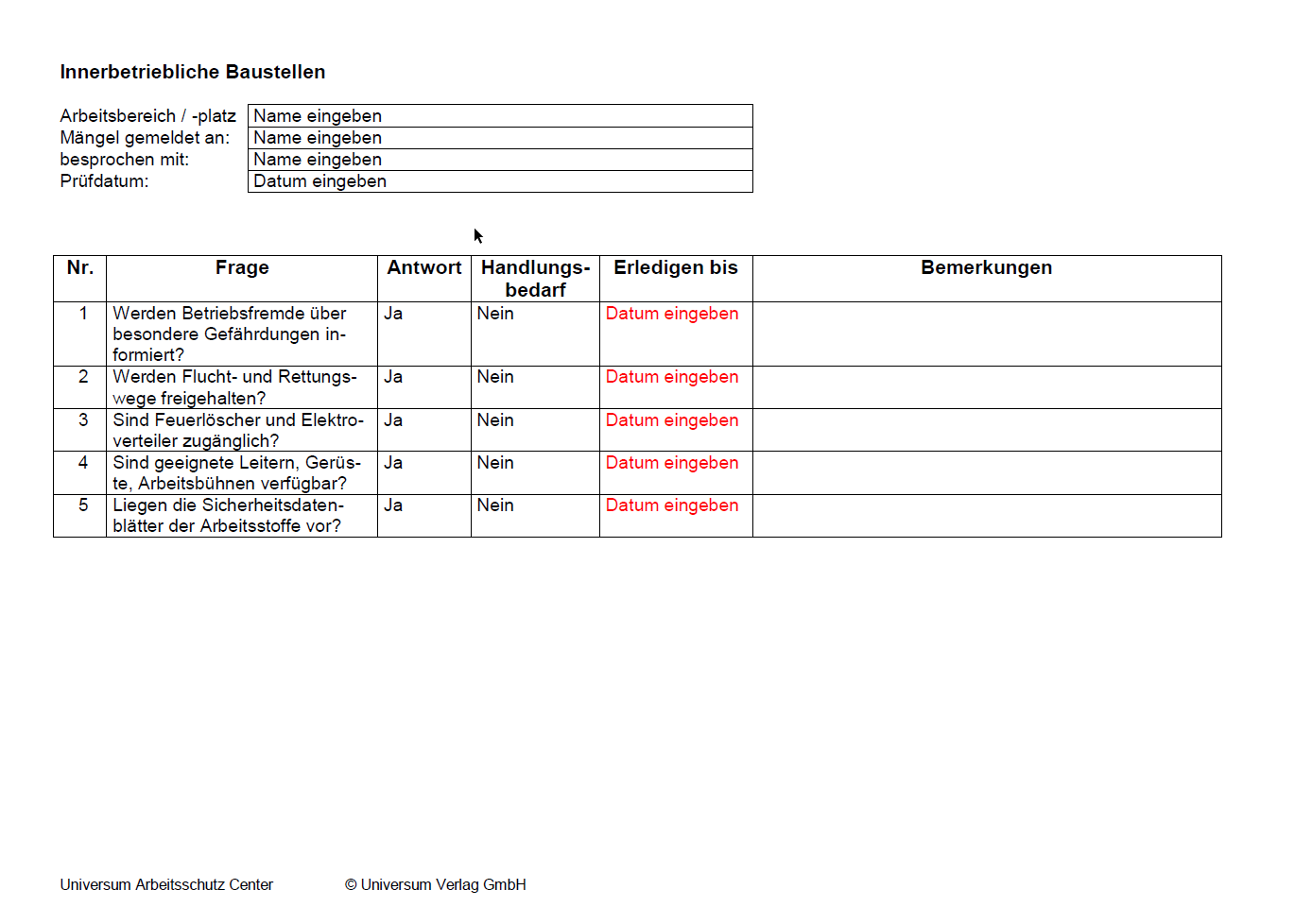 Checkliste - Innerbetriebliche Baustellen