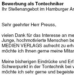 Bewerbung - Tontechniker/in (Berufsanfänger) – Bild 2