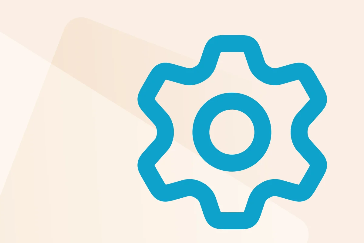 „Symbol mit Zahnrad, steht für die Kategorie Personal & Management, Symbolfarbe blau kennzeichnet Dateityp Word.