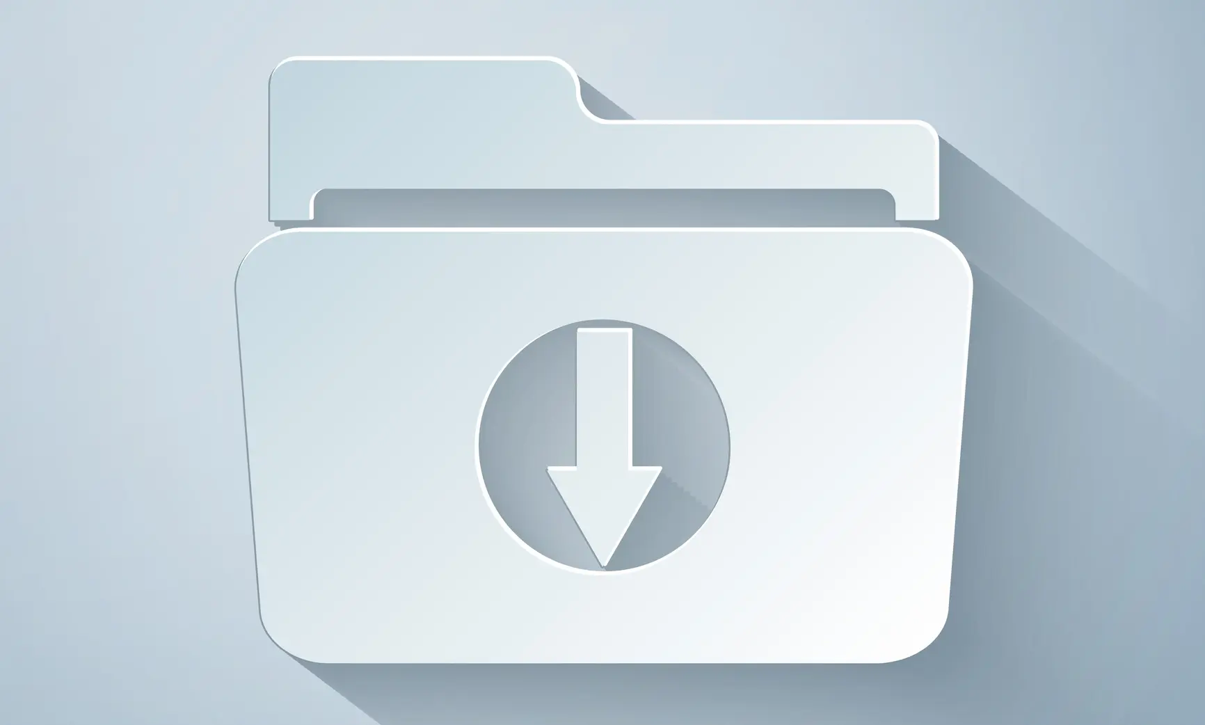 Illustration eines hellen Ordners mit Download-Symbol und langem Schatten auf graublauem Hintergrund.