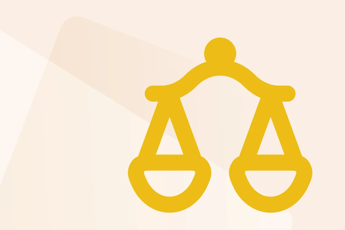 Gelbes Symbol einer stilisierten Waage, steht für Gerechtigkeit, Fairness oder Gleichgewicht.