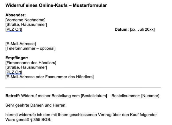 Ausschnitt aus der Mustervorlage Widerruf eines Online-Kaufs.