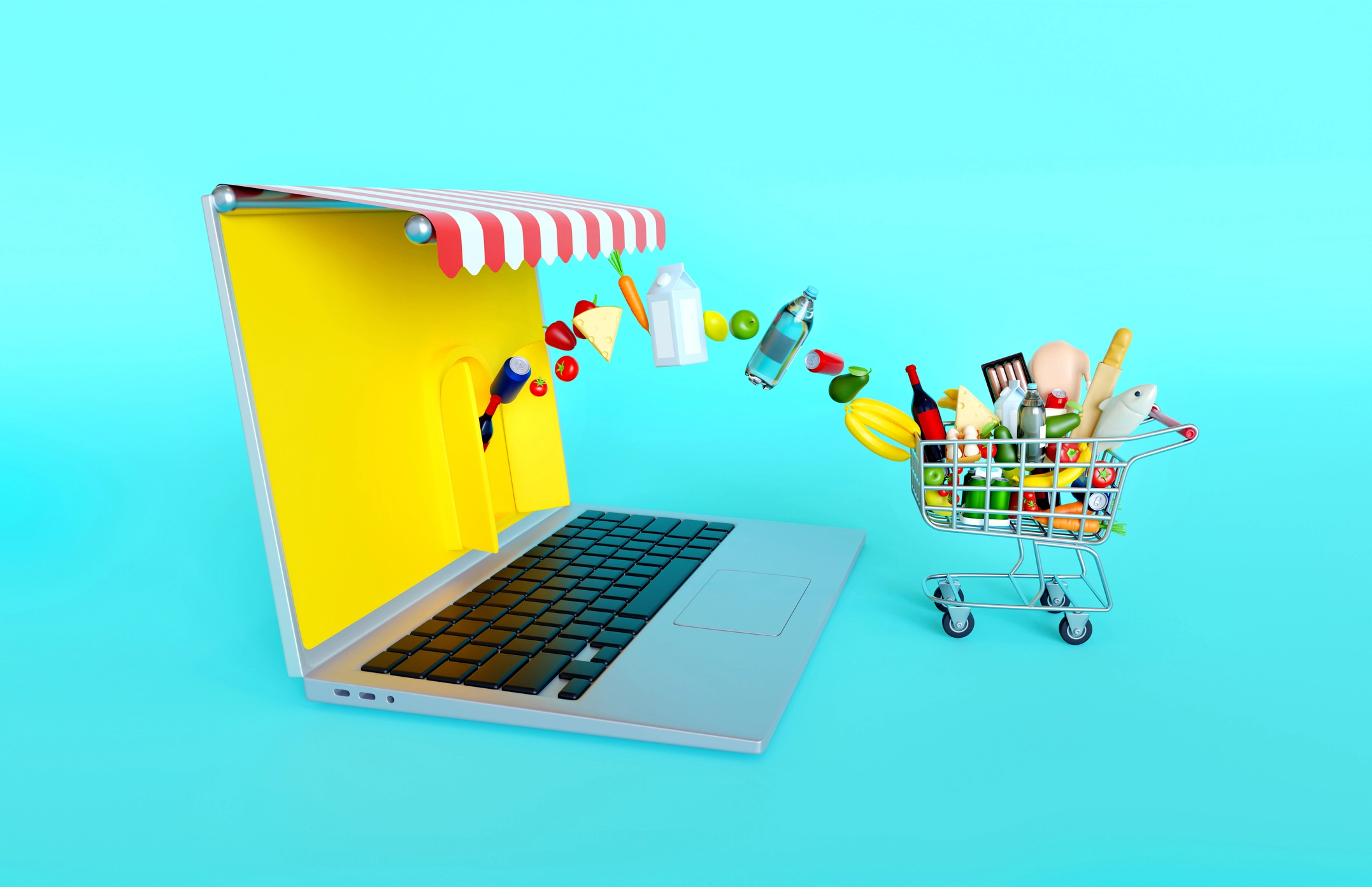 Lebensmittel fliegen aus einem Online-Shop im Laptop in einen Einkaufswagen – Symbol für Online-Shopping mit Widerrufsrecht.