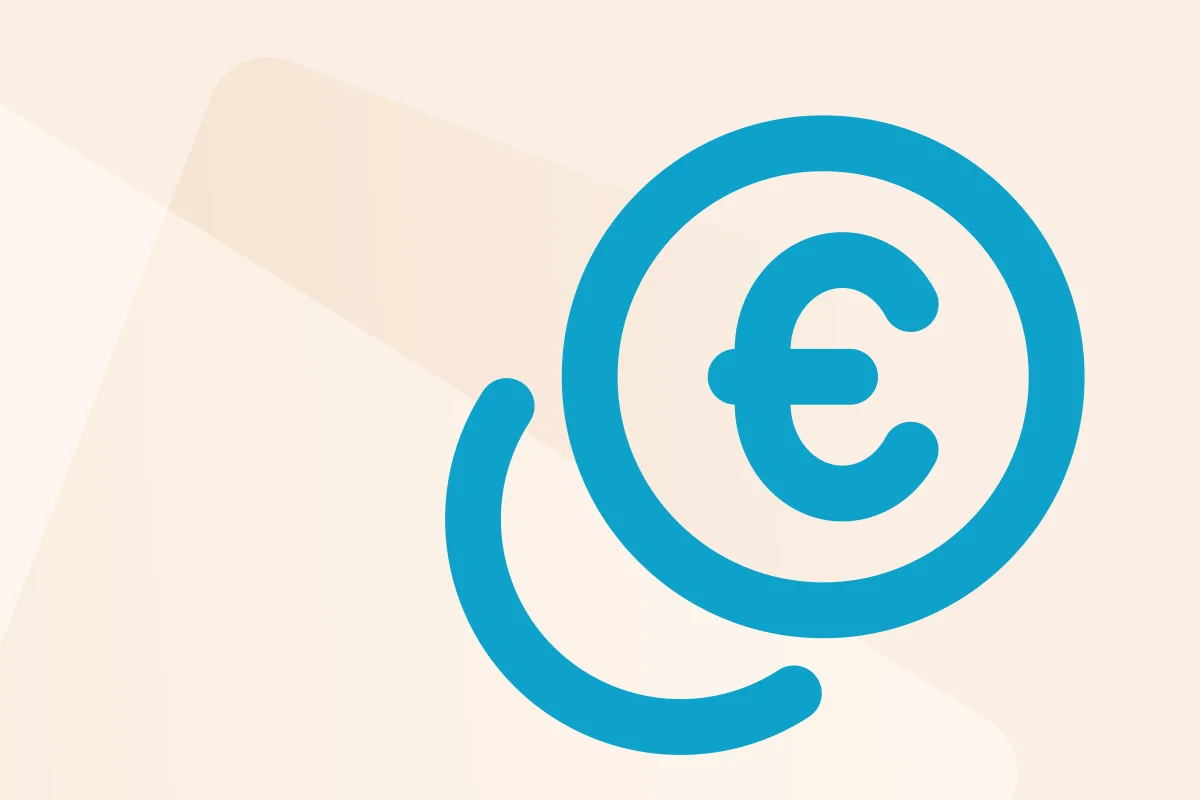 Blaues Euro-Symbol in einem Kreis mit stilisierten Linien, Symbol für Finanzen oder Währung.