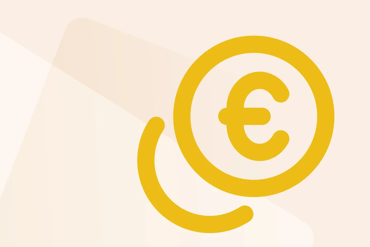 Gelbes Euro-Symbol in einem Kreis mit stilisierten Linien, Symbol für Finanzen oder Währung.