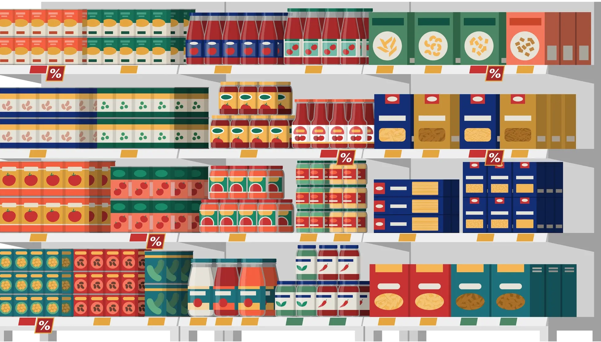 Supermarktregal mit verschiedenen Produkten und Preisschildern zur digitalen Preisauszeichnung im Einzelhandel.