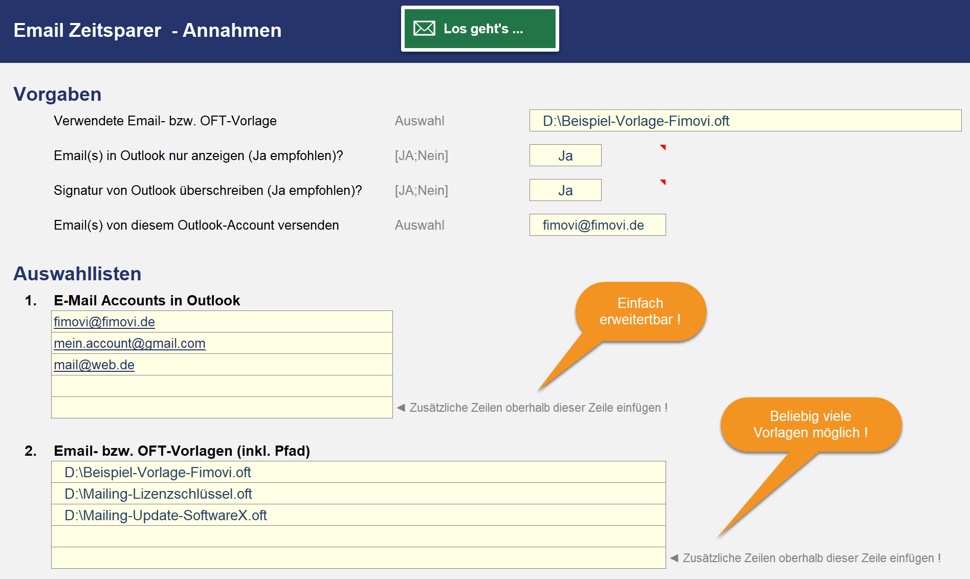 Excel-Oberfläche zur Auswahl von E-Mail-Vorlagen und Outlook-Konten für automatisierten Versand.