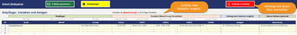 Empfängerliste mit variablen Feldern und Datei-Anhängen für automatisierte E-Mail-Erstellung in Excel.