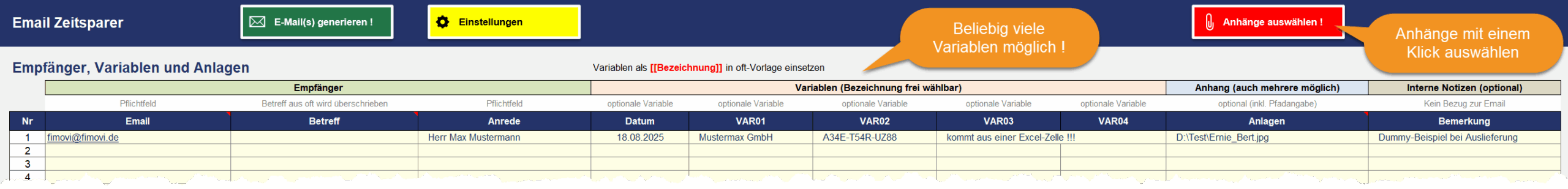 Empfängerliste mit variablen Feldern und Datei-Anhängen für automatisierte E-Mail-Erstellung in Excel.