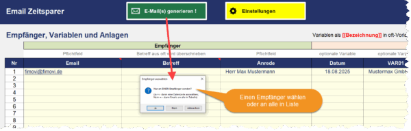 Popup-Auswahl für Einzel- oder Massenversand von E-Mails aus Excel mit personalisierten Variablen.