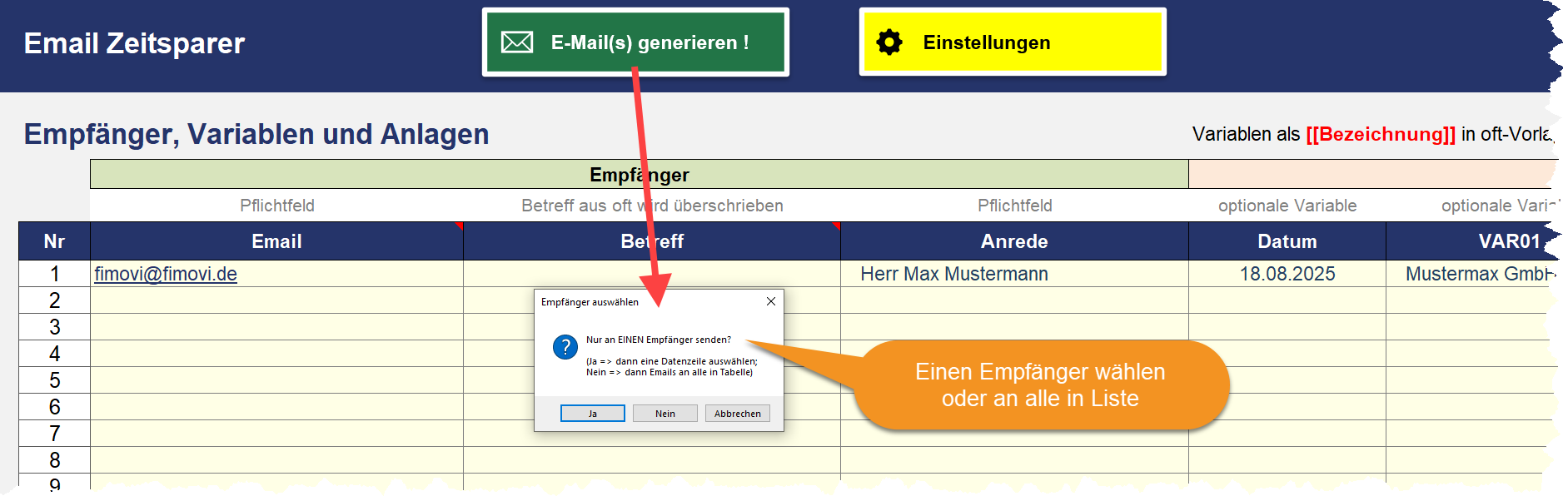 Popup-Auswahl für Einzel- oder Massenversand von E-Mails aus Excel mit personalisierten Variablen.