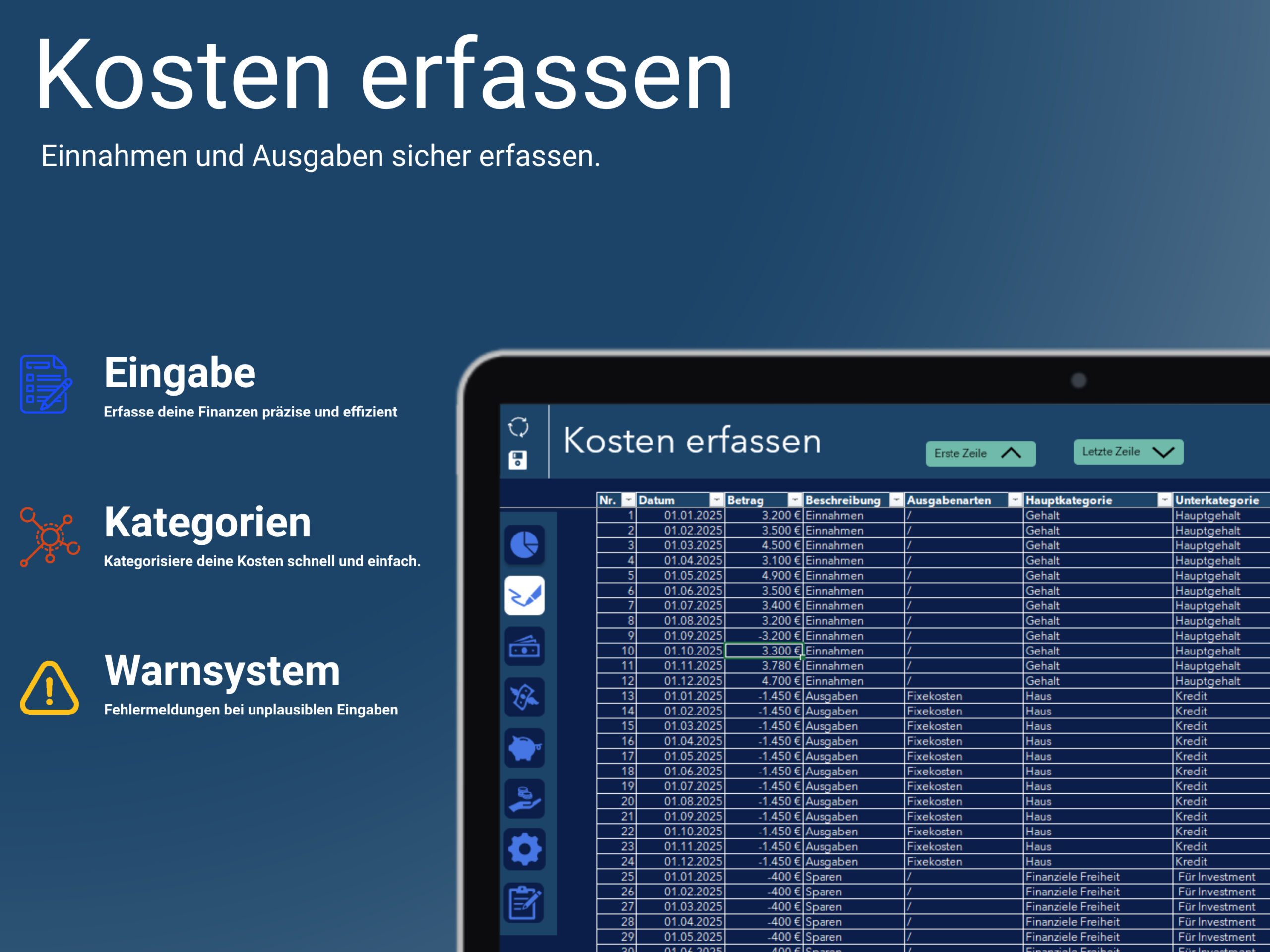 Kostenübersicht in Excel mit Eingabemaske, Warnsystem und automatischer Kategorisierung von Einnahmen und Ausgaben.