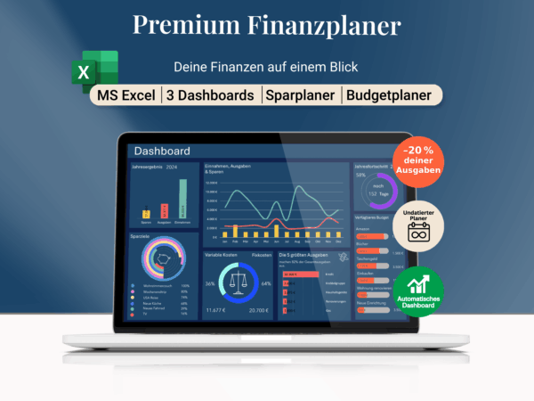 Premium Finanzplaner in Excel mit interaktivem Dashboard zur Ausgabenanalyse, Budgetplanung und Sparzielen auf dem Laptop.