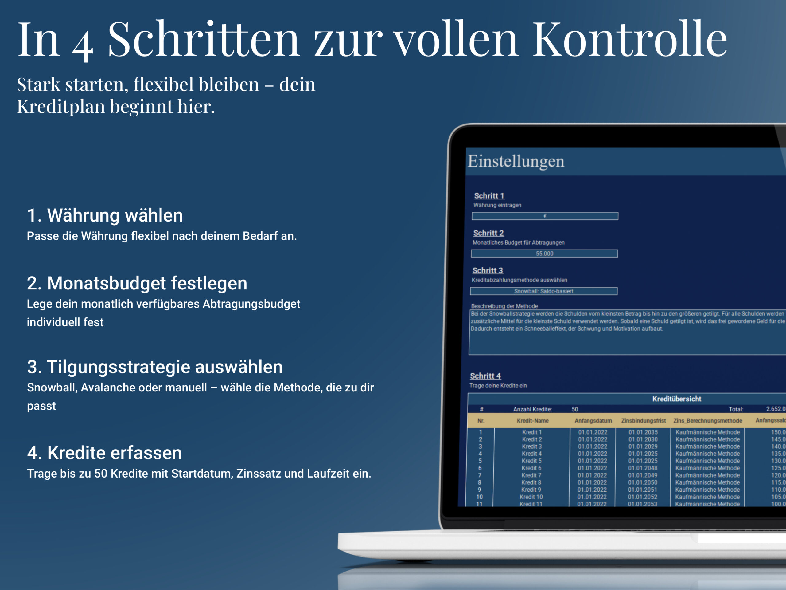 Kreditrechner Einstellungen in Excel: Währung, Budget, Tilgungsstrategie und Kreditdaten definieren