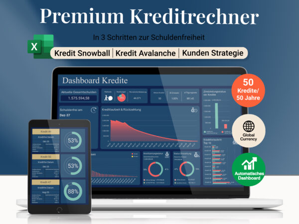 Excel Kreditrechner mit Dashboard zur Schuldenfreiheit – Snowball, Avalanche und eigene Strategie wählbar