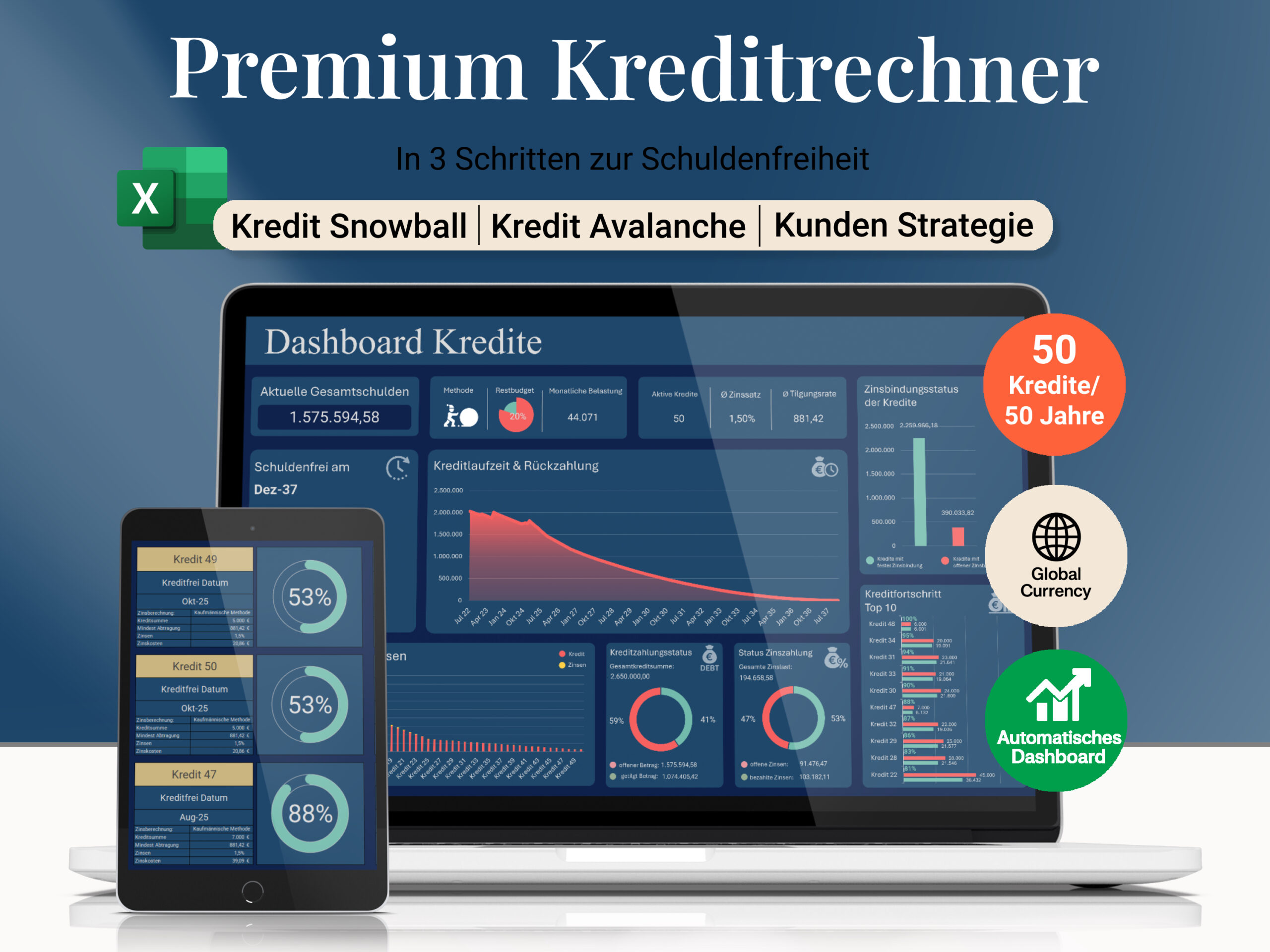 Excel Kreditrechner mit Dashboard zur Schuldenfreiheit – Snowball, Avalanche und eigene Strategie wählbar