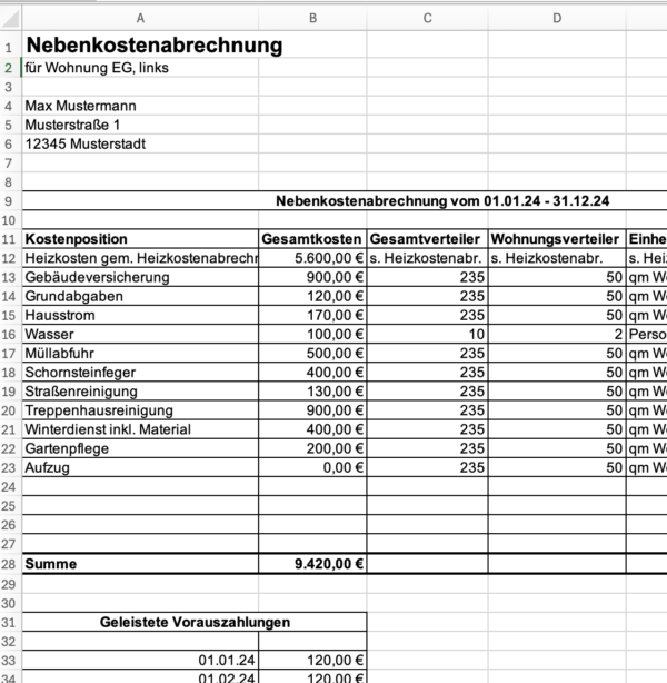 Excel Vorlage Nebenkostenabrechnung mit Kostenübersicht, Gesamtkosten und Vorauszahlungen für private Kleinvermieter.