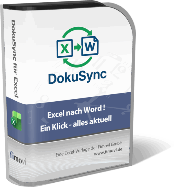 Softwareverpackung von DokuSync zur Excel-Word-Synchronisation – Excel-Vorlage zum Download.