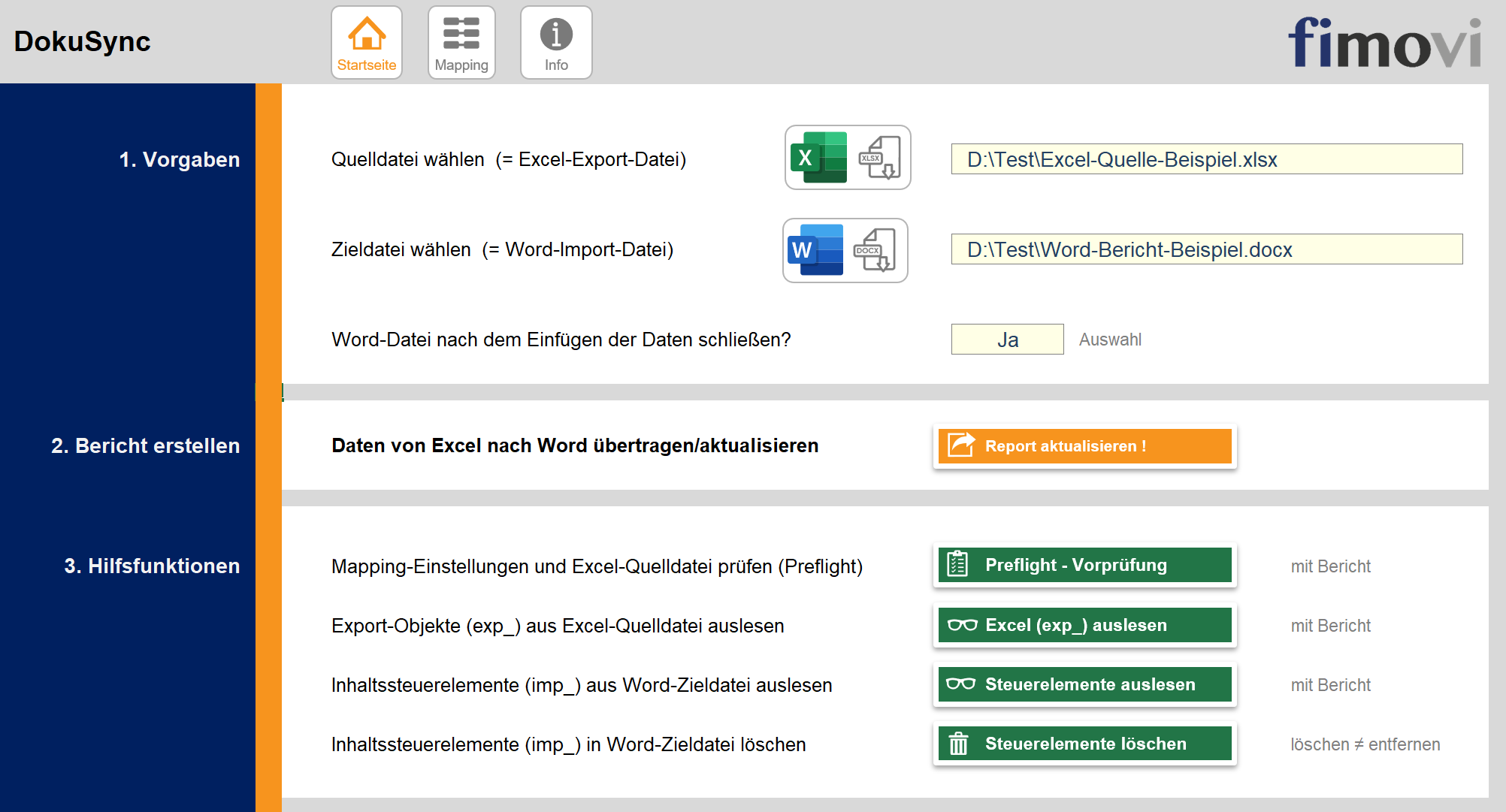 Startbildschirm von DokuSync: Excel- und Word-Dateien auswählen und Berichte automatisch aktualisieren.