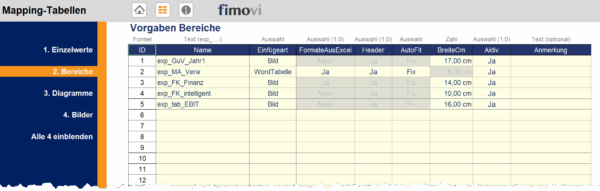 Mapping-Übersicht in DokuSync: Excel-Daten als Bild oder Tabelle in Word-Berichte einfügen.