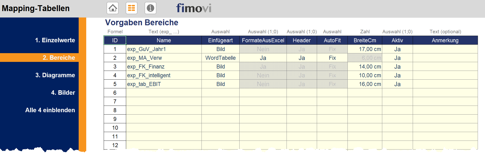 Mapping-Übersicht in DokuSync: Excel-Daten als Bild oder Tabelle in Word-Berichte einfügen.