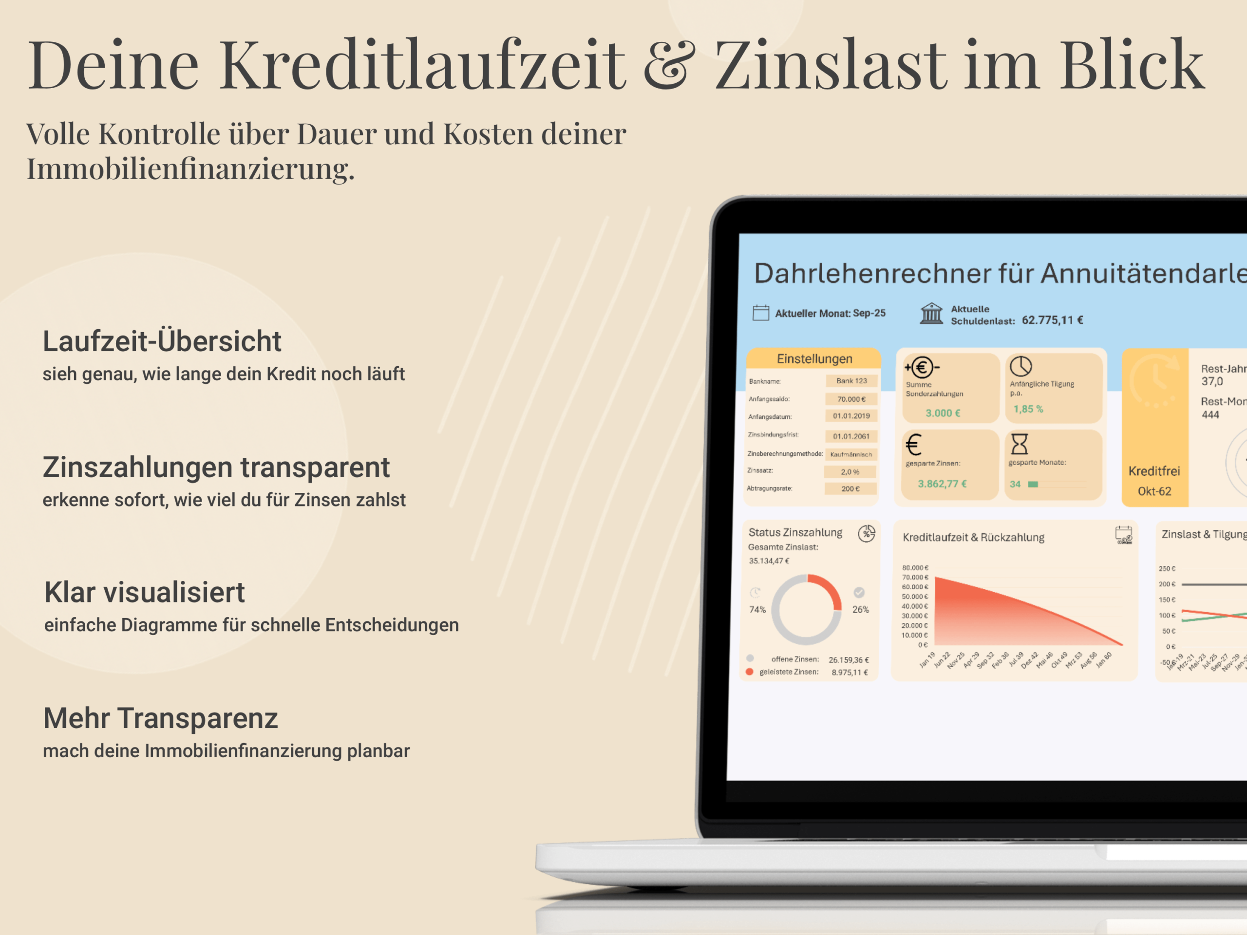 Immobilienrechner: Trage Bankname, Zinssatz, Laufzeit & Startdatum ein – nur 7 Felder notwendig.