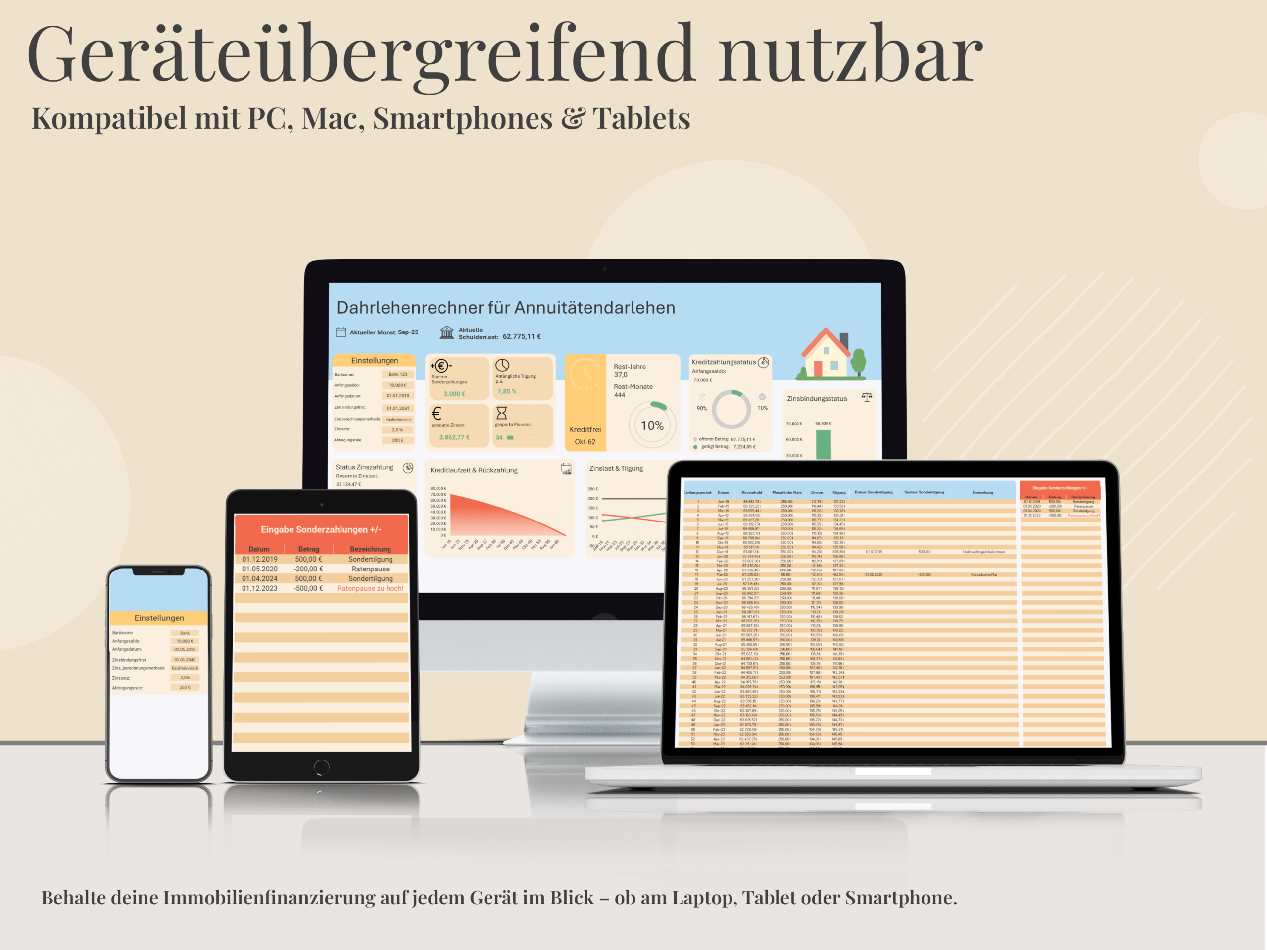 Der Immobilienrechner funktioniert auf PC, Mac, Smartphone & Tablet – volle Kontrolle auf jedem Gerät.