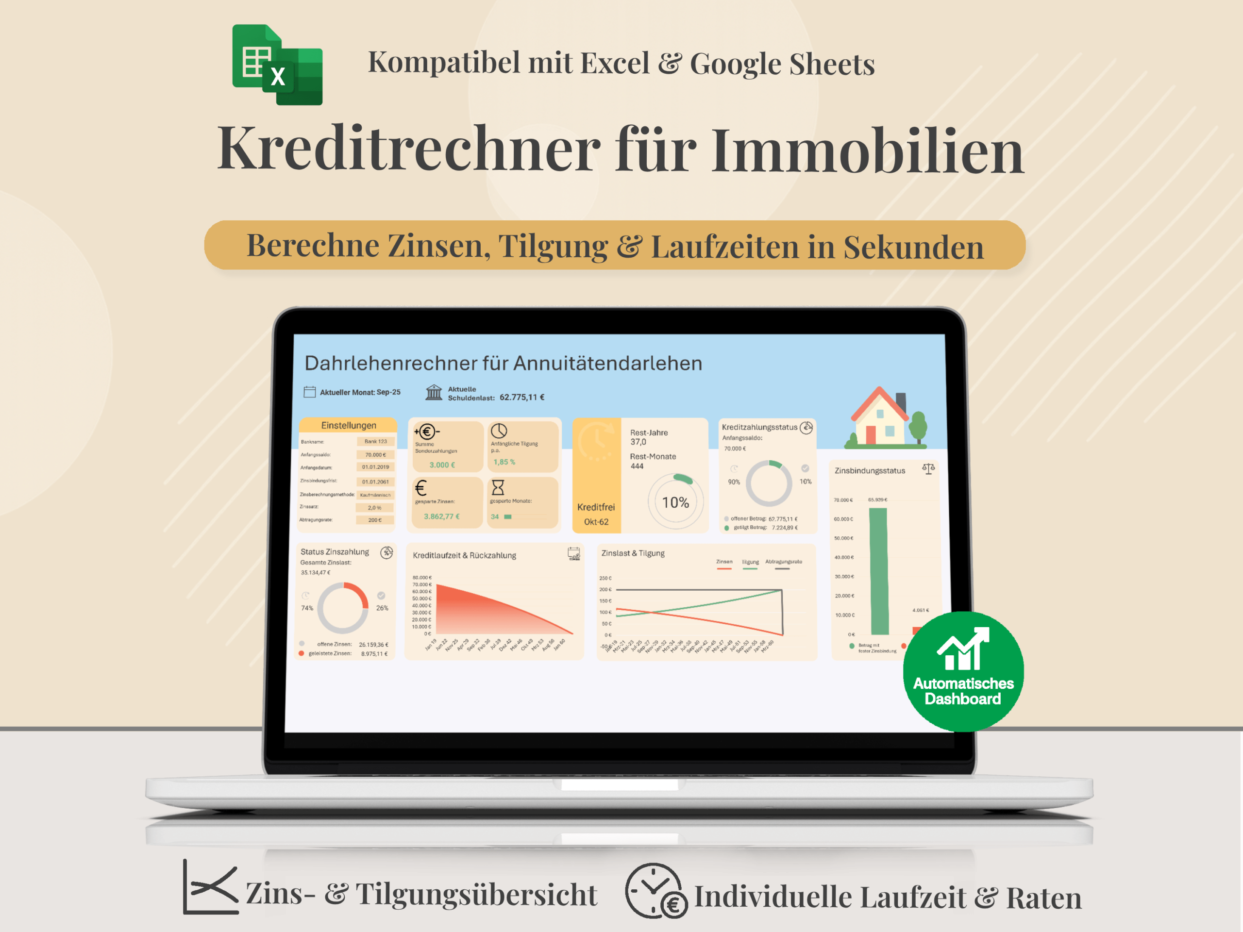 Excel Immobilienrechner für Annuitätendarlehen mit Dashboard, Zinslast & Restschuld-Berechnung.