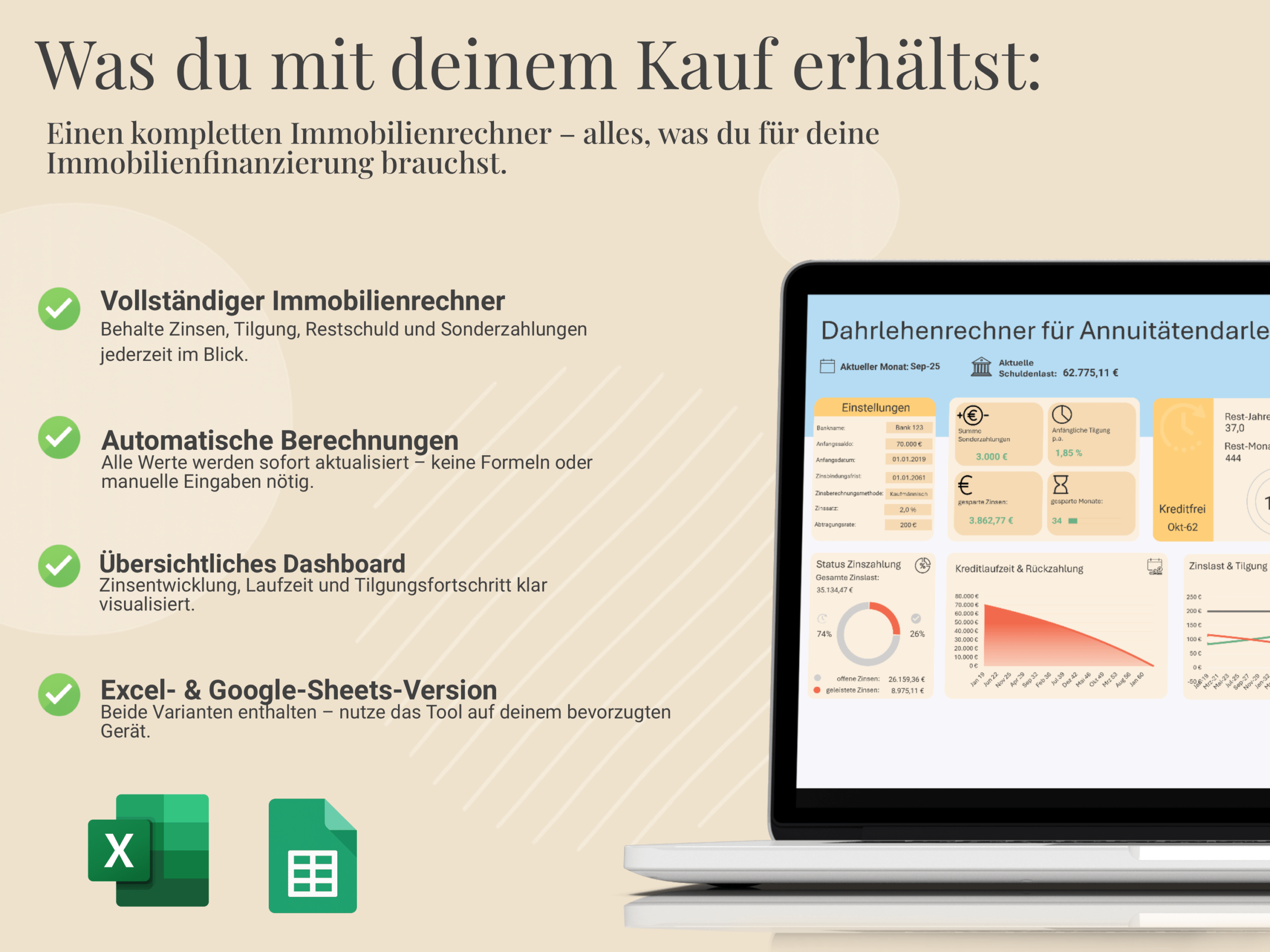 Das ist enthalten: Immobilienrechner mit Zinsübersicht, Tilgungsverlauf & Google Sheets Unterstützung.