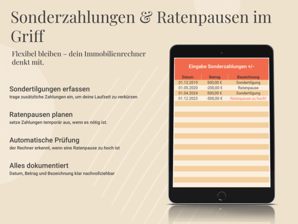 Sondertilgungen & Ratenpausen flexibel planen im Immobilienrechner mit automatischer Prüfung.
