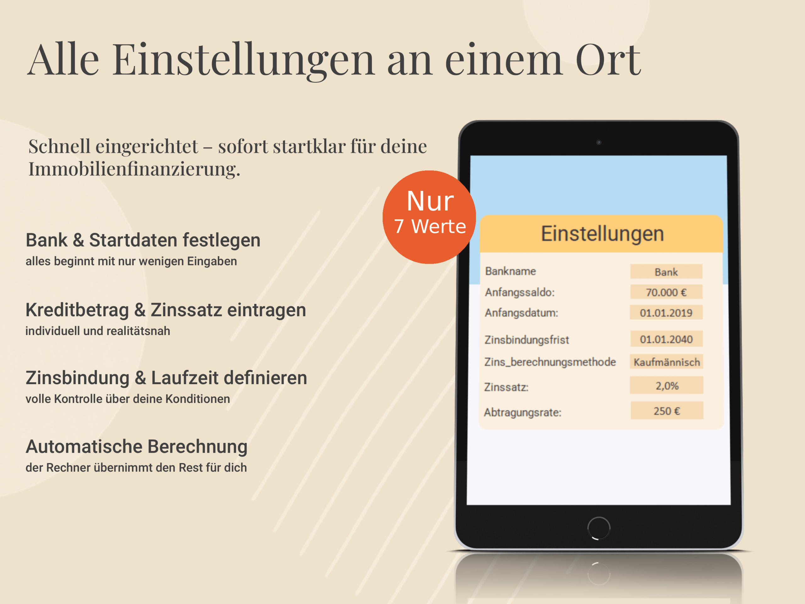 Immobilienrechner mit Dashboard zeigt Laufzeit, Zinszahlungen & Kreditstatus auf einen Blick.