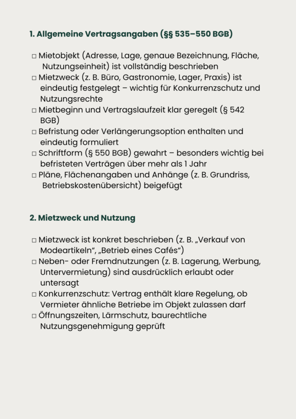 Checkliste Gewerbemietvertrag
