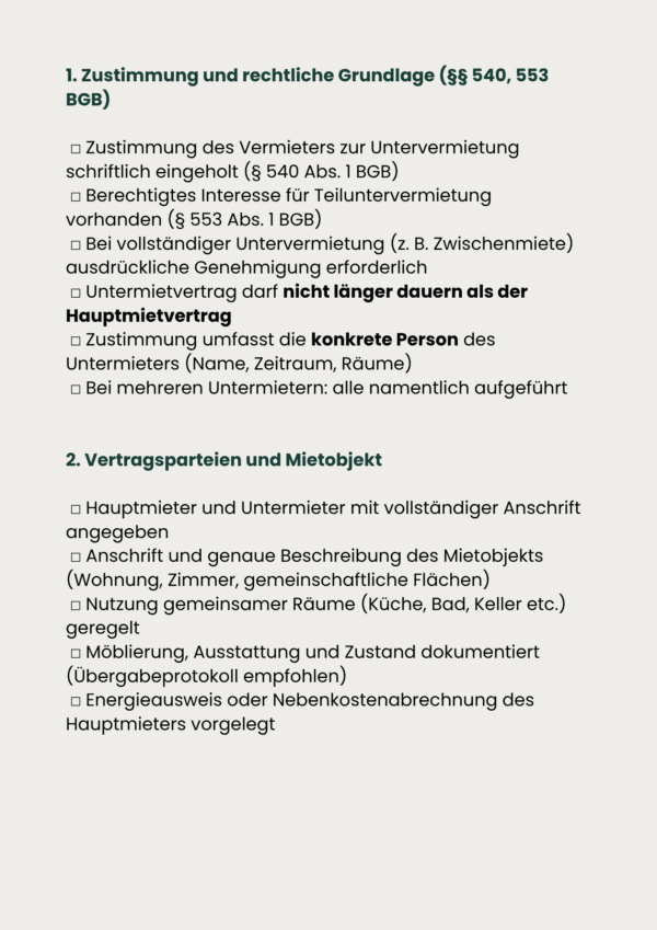 Checkliste Untermietvertrag privat