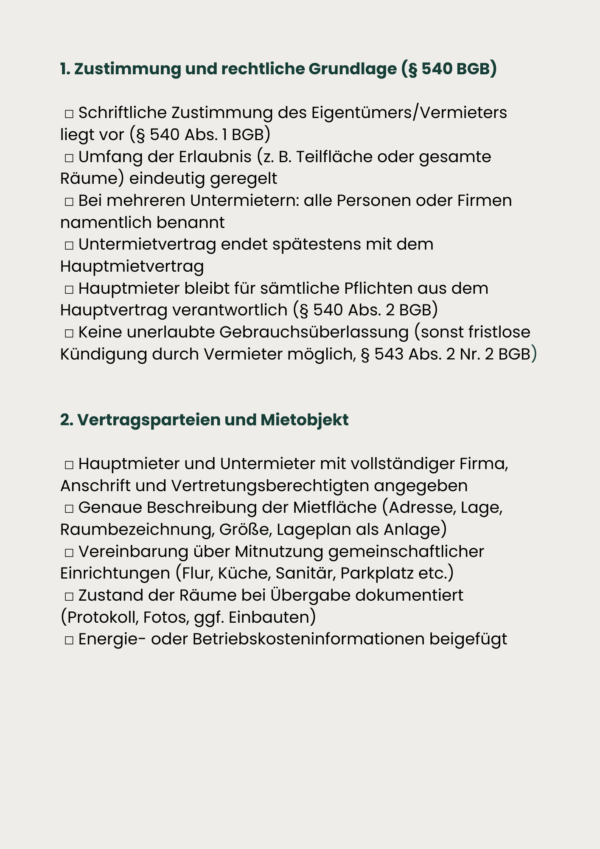 Checkliste Untermietvertrag gewerblich