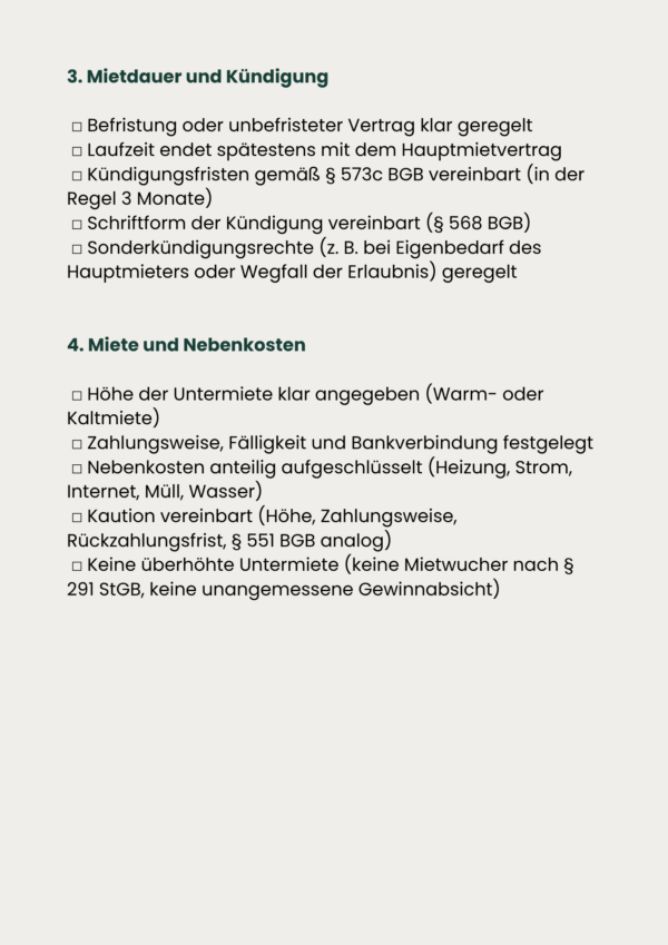 Checkliste Untermietvertrag privat