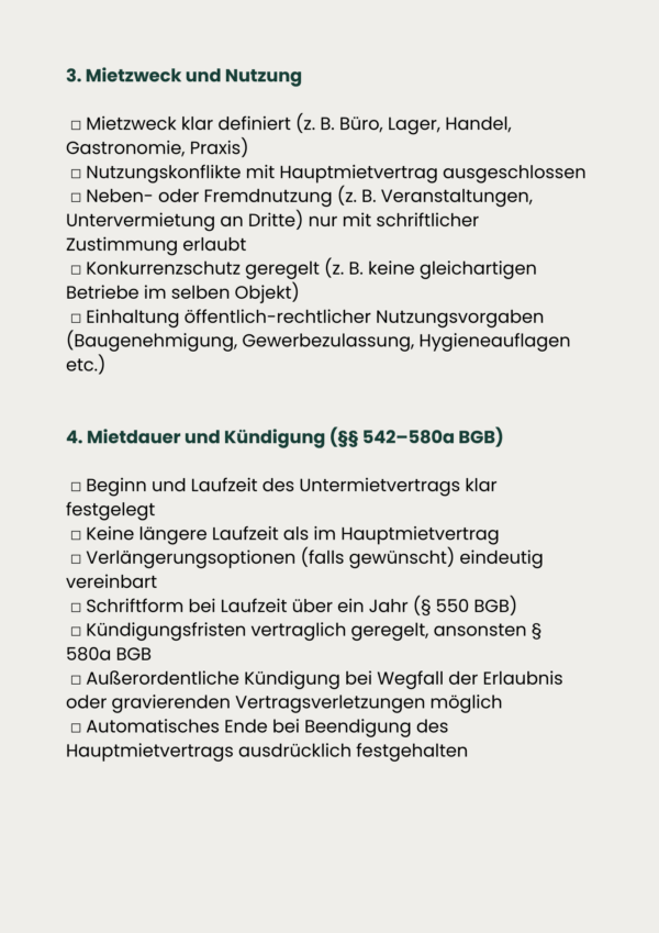 Checkliste Untermietvertrag gewerblich