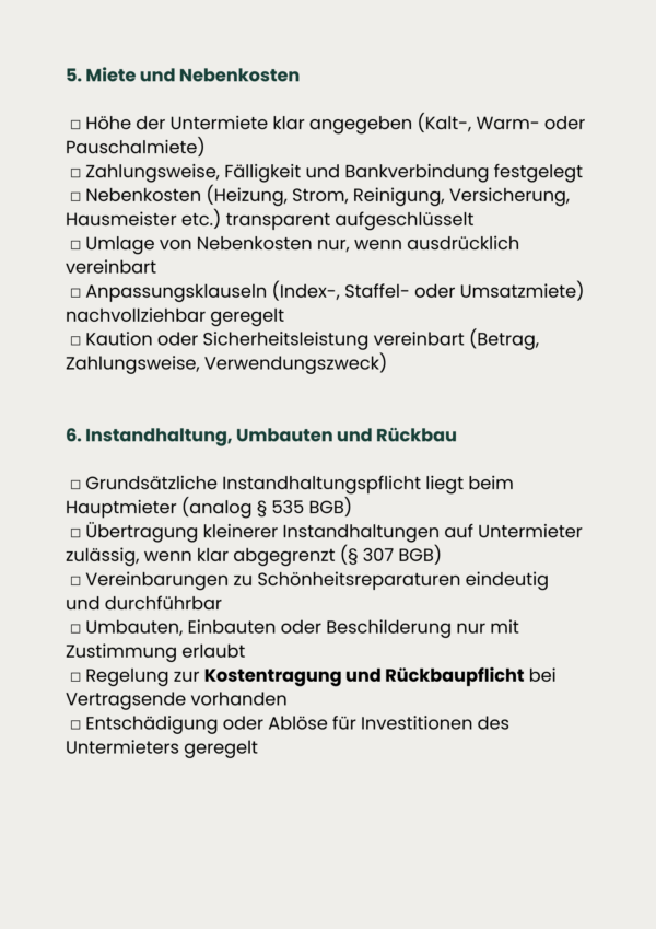 Checkliste Untermietvertrag gewerblich