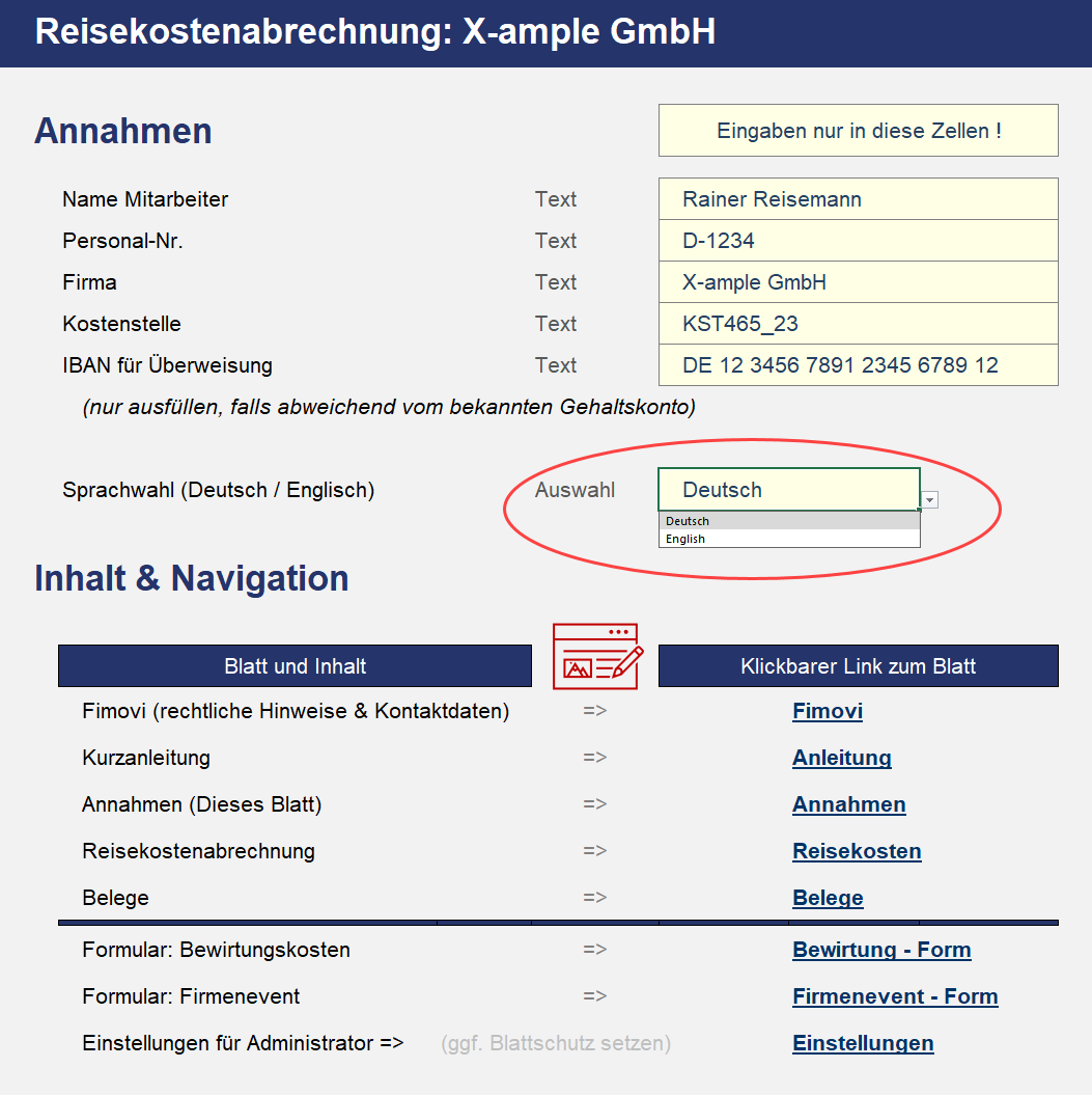 Reisekostenabrechnung Excel – Eingabemaske für Mitarbeiterdaten mit Sprachwahl Deutsch/Englisch