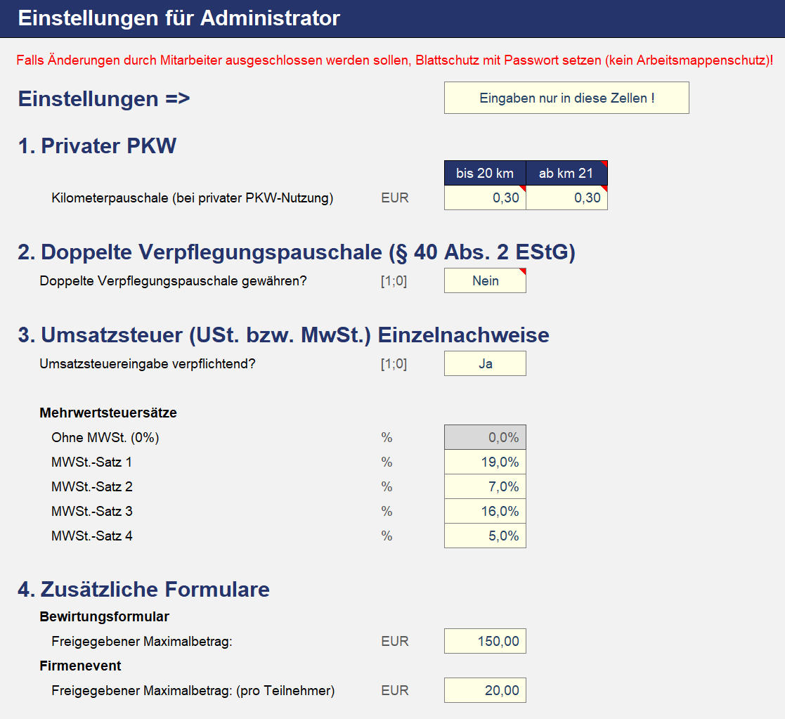 Reisekostenabrechnung Excel – Administrator-Einstellungen für Pauschalen, Umsatzsteuer und Zusatzformulare