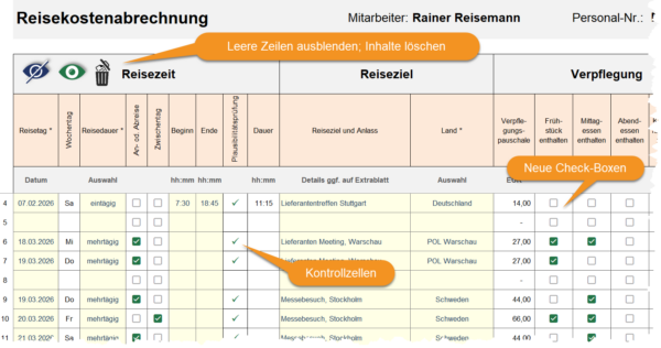 Reisekostenabrechnung Excel – Tabelle mit Check-Boxen, Kontrollzellen und Funktion zum Ausblenden leerer Zeilen