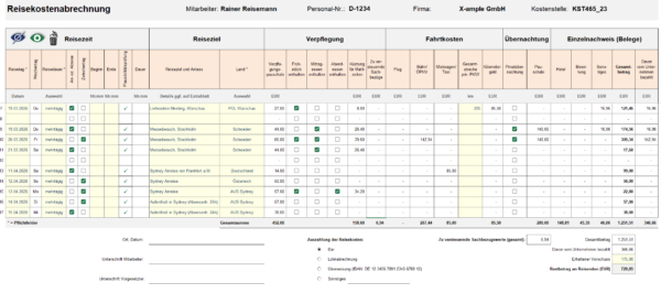 Reisekostenabrechnung Excel – automatische Gesamtsumme, Auszahlung und steuerpflichtige Sachbezüge