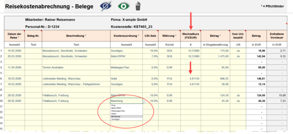 Reisekostenabrechnung Excel – Belegerfassung mit Mehrwertsteuer, Fremdwährung und Wechselkurs