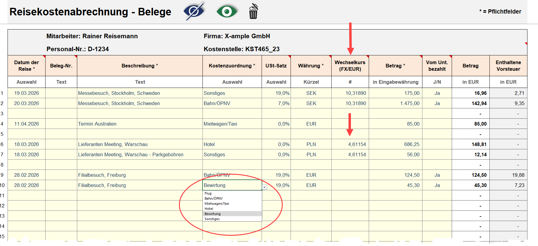 Reisekostenabrechnung Excel – Belegerfassung mit Mehrwertsteuer, Fremdwährung und Wechselkurs