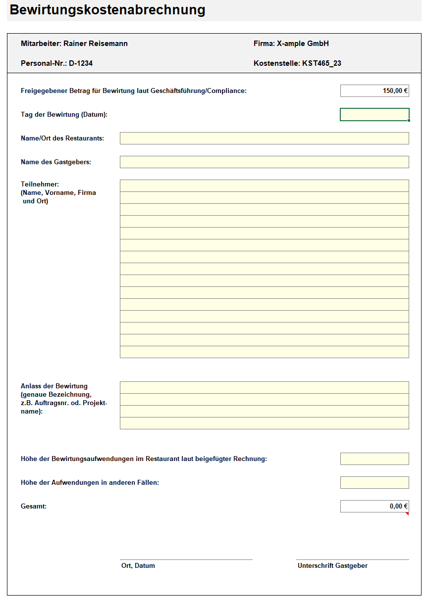 Reisekostenabrechnung Excel – separates Formular zur Bewirtungskostenabrechnung mit Teilnehmerliste
