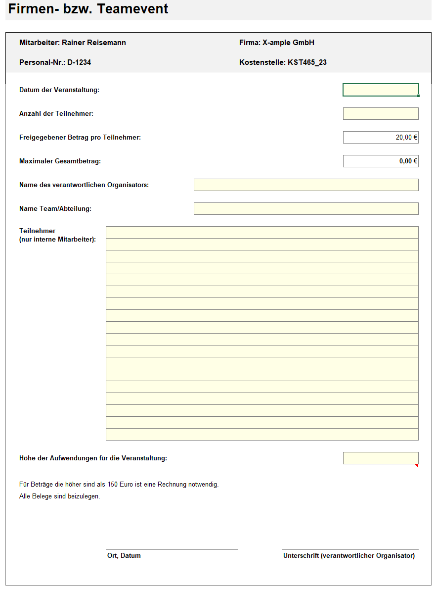 Reisekostenabrechnung Excel – Formular für Firmen- und Teamevents mit Teilnehmern und Maximalbeträgen