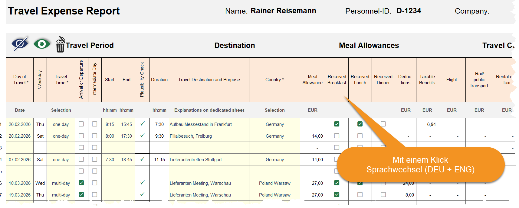 Reisekostenabrechnung Excel – englische Ansicht mit One-Click-Sprachwechsel Deutsch/Englisch