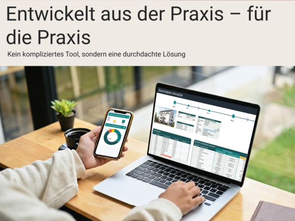 Vermieter nutzt die Nebenkostenabrechnung in Excel am Laptop und Smartphone im Arbeitsalltag