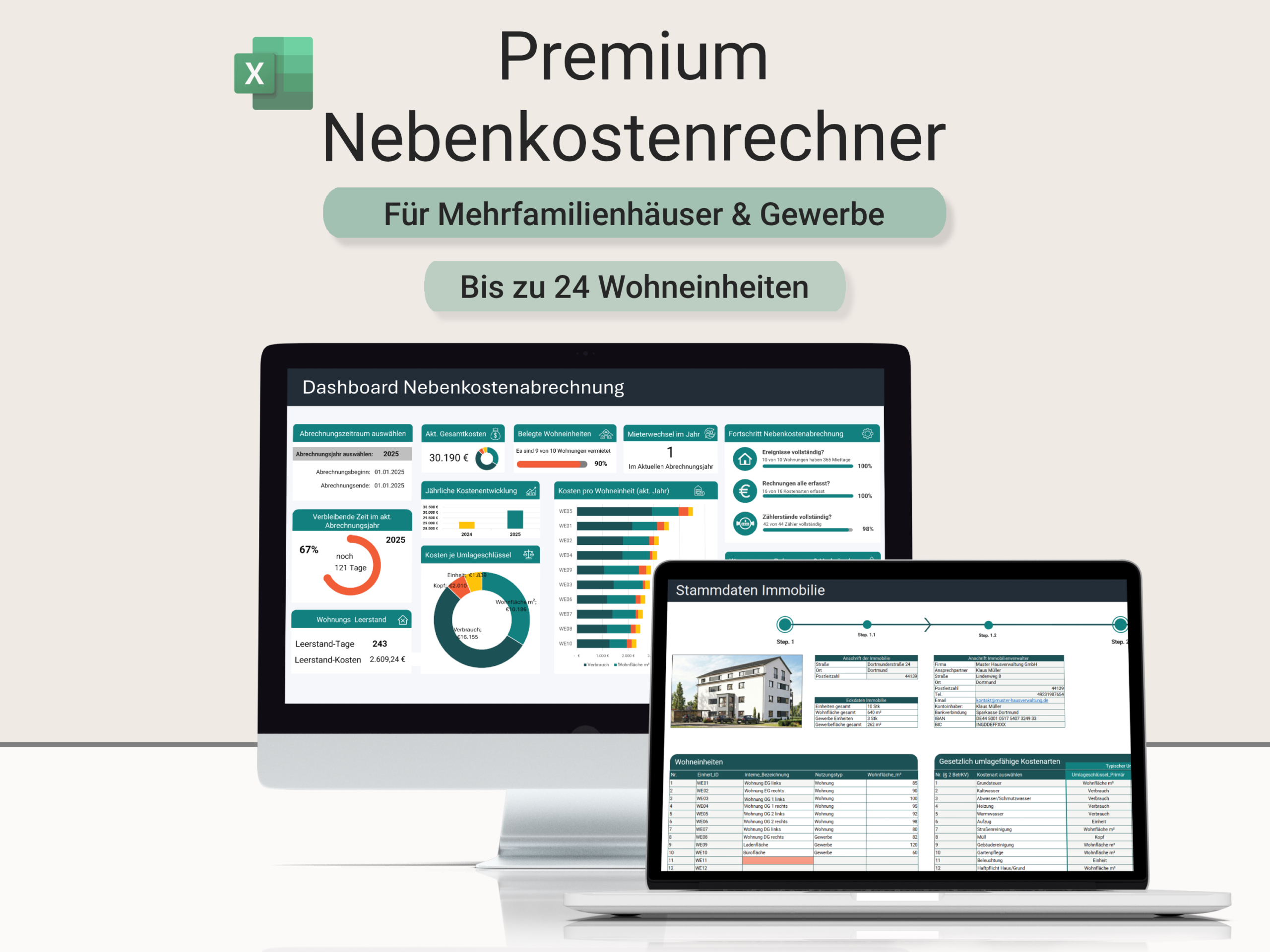 Premium Nebenkostenabrechnung Excel für Vermieter mit Dashboard und Stammdatenübersicht für Mehrfamilienhäuser und Gewerbe