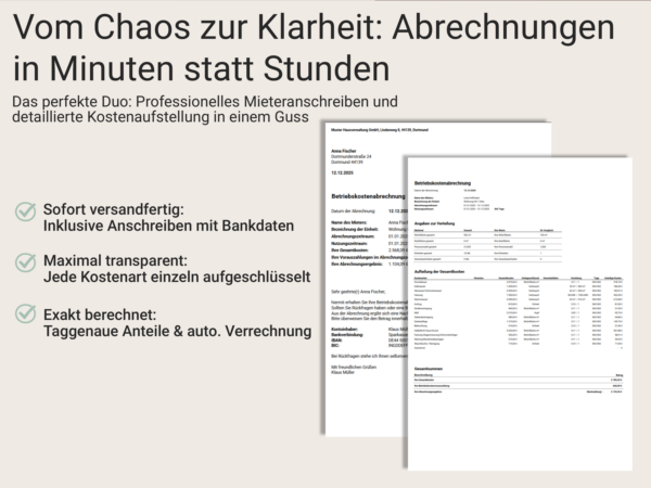 Fertige Betriebskostenabrechnung mit detaillierter Kostenaufstellung und automatisch erstelltem Mieteranschreiben